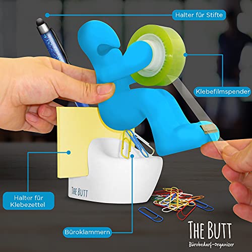 THE BUTT – Klebefilm-Abroller und Bürobedarf-Station – Schreibtisch-Accessoire – Origineller Schreibtisch-Organizer mit Briefklammern, Haftnotizzetteln und einem Stift – Ein ideales Geschenk (Blau) - 3