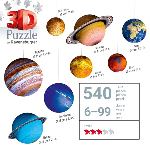 Ravensburger 3D Puzzle Planetensystem für Kinder ab 6 Jahren – 8 Puzzleball-Planeten als Sonnensystem Modell mit Poster – Modellbau ganz ohne Kleben - 3