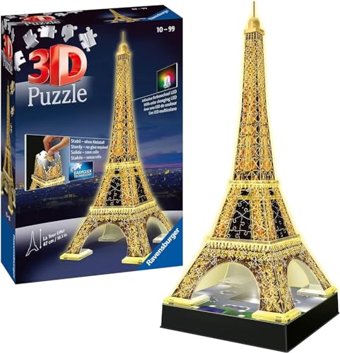 Ravensburger 3D Puzzle Eiffelturm bei Nacht mit 216 Teilen, für Kinder und Erwachsene, Wahrzeichen von Paris im Miniatur-Format, Leuchtet im Dunkeln