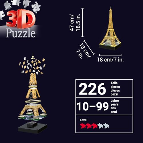 Ravensburger 3D Puzzle Eiffelturm bei Nacht mit 216 Teilen, für Kinder und Erwachsene, Wahrzeichen von Paris im Miniatur-Format, Leuchtet im Dunkeln - 3