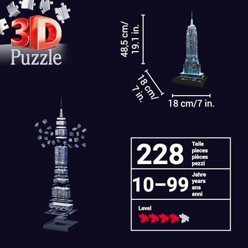 Ravensburger 3D Puzzle Empire State Building bei Nacht, für Kinder und Erwachsene, Wahrzeichen von New York im Miniatur-Format, Leuchtet im Dunkeln - 3