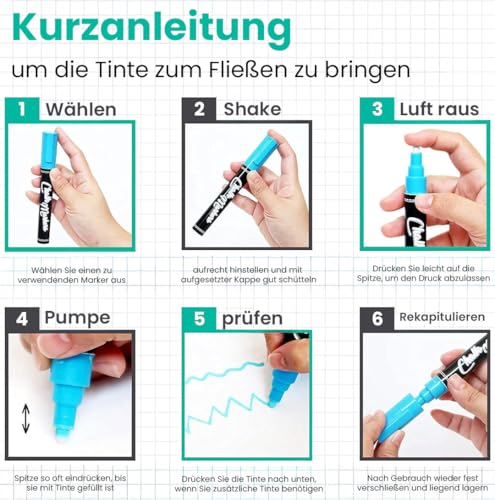 10 Neon Kreidestifte für Tafel & Fenster 6mm | Ideal als Fensterstifte, Kreidestift, Kreidemarker, Folienstift, Glasmalstifte, Tafelstift & Whiteboard Marker | Feucht abwischbar | Von Chalkola - 8