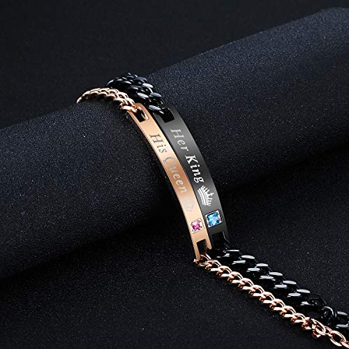 Gkmamrg EIN Paar Damen Herren Pärchen Armbänder, Edelstahl Panzerarmband mit Gravur His Queen und Her King Rosegold schwarz Silber (rosegold-schwarz Set) - 4