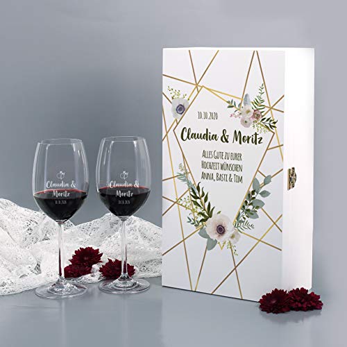 Herz & Heim® 2 Leonardo Weingläser mit Gravur wunderschönes Geschenk zur Hochzeit mit weißer Premium Verpackung Blumen - 2