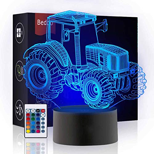 HeXie LED Nacht Lichter 3D Illusion Nachttisch Lampe 16 Farben ändern Schlafen Beleuchtung Smart Touch Button Nette Geschenk Warming präsentieren kreative Dekoration ideale Kunst Handwerk (Traktor)