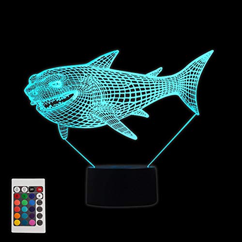 3D Illusion Lampe LED Nachtlicht, KidsPark Optische 3D-Illusions-Lampen Tischlampe Haifisch Nachtlichter Farbwechsel Kinder Nachtlampe Schreibtischlampe mit 150cm USB-Kabel & Fernbedienung