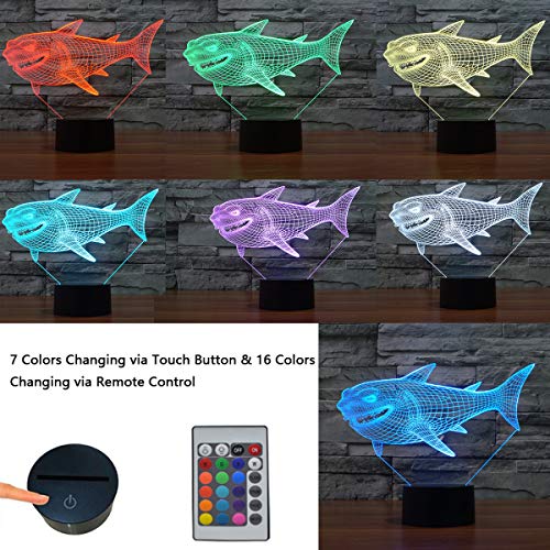 3D Illusion Lampe LED Nachtlicht, KidsPark Optische 3D-Illusions-Lampen Tischlampe Haifisch Nachtlichter Farbwechsel Kinder Nachtlampe Schreibtischlampe mit 150cm USB-Kabel & Fernbedienung - 2