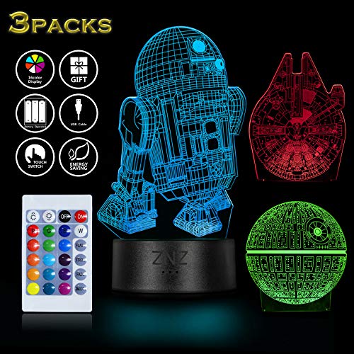 3D LED Star Wars Nachtlicht, ZNZ Illusion Lampe Todesstern + R2-D2 + Millennium Falcon, drei Muster und 16 Farbwechsel Dekor Lampe – perfekte Geschenke für Kinder und Star Wars Fans – 3 Packs - 2