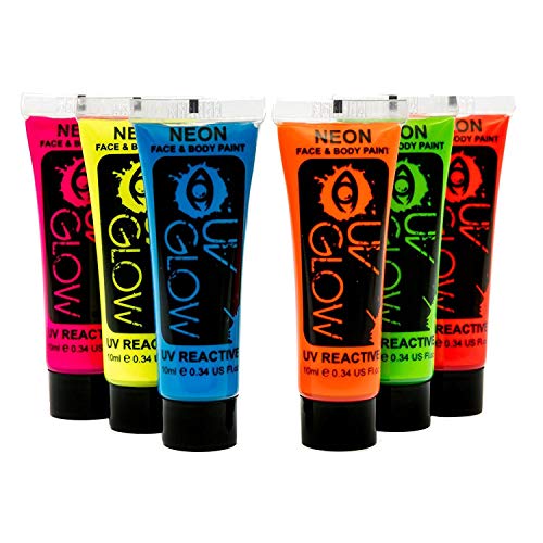 6 x 10ml UV-Bodypaint Körpermalfarben Schwarzlicht fluoreszierende Schminke Bodypainting Neon Farben Leuchtfarben