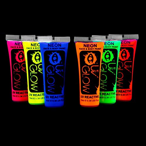 6 x 10ml UV-Bodypaint Körpermalfarben Schwarzlicht fluoreszierende Schminke Bodypainting Neon Farben Leuchtfarben - 2