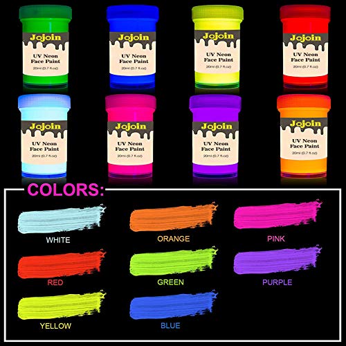 Jojoin UV-Bodypaint Körpermalfarben Schwarzlicht Fluoreszierende, 8×20ml Schminke Bodypainting Neon Farben Leuchtfarben, mit 1 Mischpalette, 3 Pinsel, für Halloween, Karneval, Partys, Konzert - 2