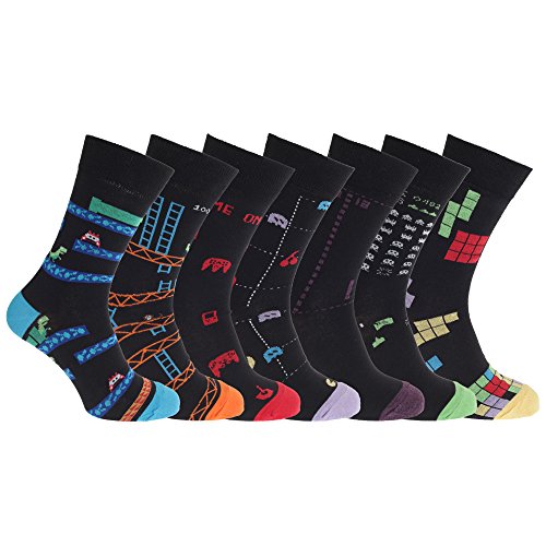 Stay Fresh Herren Socken mit Retro-Spiele-Design, 7 Paar (39-45 EU) (Schwarz/Bunt)