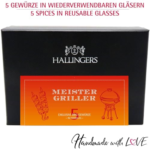 Hallingers 5er Premium-Grill-Gewürze als Geschenk-Set (95g) – Meistergriller (MiniDeluxe-Box) – zu Sommer Grillen Für Ihn - 5