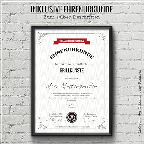 YORA Grillschürze für Männer lustig – Bin am Grillen Vatertagsgeschenk inkl. Urkunde – Grill Schürze als Geschenk für Männer zum Vatertag/Herrentag – Z Rot - 4