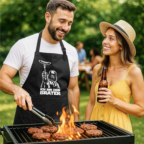 MoonWorks® Grill-Schürze für Männer mit Spruch Ich Bin Dein Brater Baumwoll-Schürze Kochschürze Grillen Barbecue BBQ Fleisch Sommer schwarz Unisize - 3