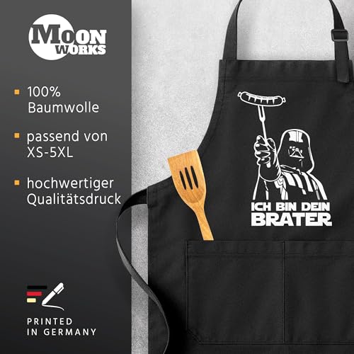 MoonWorks® Grill-Schürze für Männer mit Spruch Ich Bin Dein Brater Baumwoll-Schürze Kochschürze Grillen Barbecue BBQ Fleisch Sommer schwarz Unisize - 5