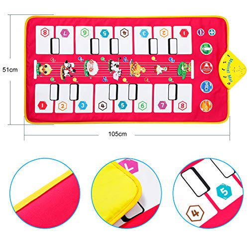 Homealexa Klaviermatte Kinder Piano Mat Tanzmatten Musikmatte mit 7 Tierstimmen Klaviertastatur Spielzeug Musik Matte, Keyboard Matten Spielteppich für Jungen Mädchen Kinder 105*51 cm - 2