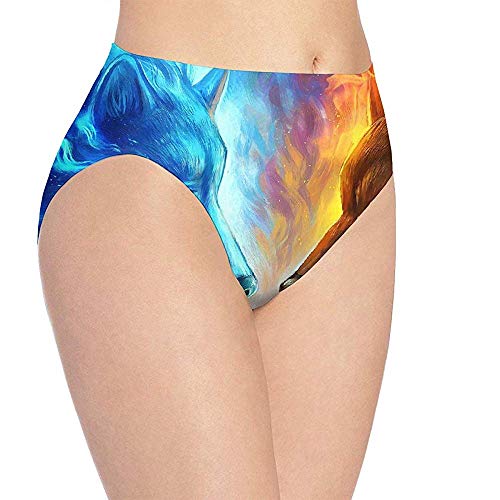 Elaine-Shop 3D Print Weiche Damen Unterwäsche Wasser Wolf VS Feuer Wolf Mode Flirty Sexy Lady Höschen Slip, M (Taille: 34 cm)