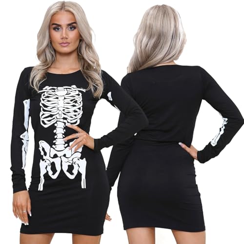 NOROZE Damen Frauen Halloween Skelett Schädel Knochen Rot Blut Herz Bodycon Kostüm Neuheit Party Kleid (44/46, Schwarz Skelett)