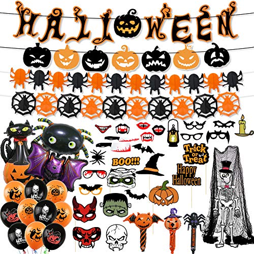 FHzytg Halloween Deko Grusel Deko, Halloween Deko Set, Luftballons Halloween, Skelett Halloween Deko mit Kürbisse Spinnen Banner, Luftballons, Skelett, Dekostoff Tuch, Folienballons für Grusel Party