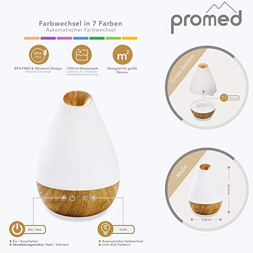 Promed AL-1300 WS Aroma Diffusor 1300 ml, Ultraschall Luftbefeuchter 1,3 Liter, Humidifier, Raumbefeuchter, elektrische Duftlampe Holzdesign mit 7 Farben LED Licht, Aroma Diffuser, Aromatherapie - 2