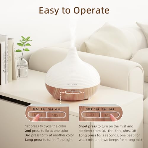 ASAKUKI 300ml Aroma Diffuser für Duftöle, Premium Ultraschall Luftbefeuchter Aromatherapie Öle Diffusor mit 7-farbigem LED-Licht, BPA-Free für Schlafzimmer, Büro, Spa - 7