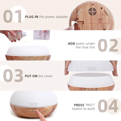 ASAKUKI 300ml Aroma Diffuser für Duftöle, Premium Ultraschall Luftbefeuchter Aromatherapie Öle Diffusor mit 7-farbigem LED-Licht, BPA-Free für Schlafzimmer, Büro, Spa - 8