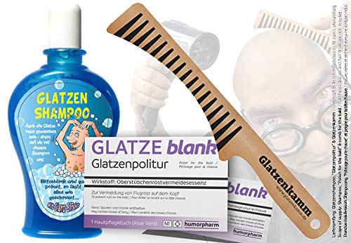 humorpharm Das große Glatzen Geschenkset (mit GLATZEblank, Glatzenkamm & Glatzenshampoo) | Geburtstags-Geschenk | Erste Hilfe Set Glatzenträger, witzige Geschenkidee | 3-teilig