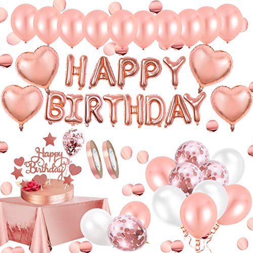 AivaToba Geburtstagsdeko Rosegold Deko, Happy Birthday Decorations Girlande Balloon, Rosegold Konfetti Luftballons, Tischdeko Geburtstag Deko zum Mädchen