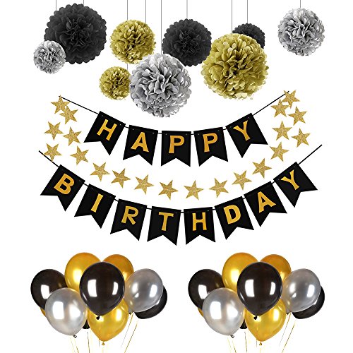 POMISTY Deko Geburtstag, Geburtstag Dekoration Set, Happy Birthday Dekoration 41 Stücks mit 9 Tissue Papier Pom Poms + 30 Große Geperlte Ballons + 1 Happy Birthday Banner für Alle Männer und Frauen