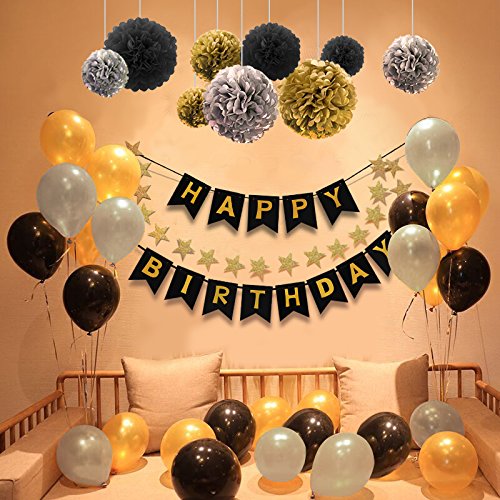 POMISTY Deko Geburtstag, Geburtstag Dekoration Set, Happy Birthday Dekoration 41 Stücks mit 9 Tissue Papier Pom Poms + 30 Große Geperlte Ballons + 1 Happy Birthday Banner für Alle Männer und Frauen - 7