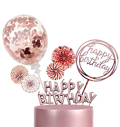 BOYATONG Tortendeko Geburtstag Rosegold, Happy Birthday Cake Topper, Glizter Cupcake Topper, Kuchen Deko mit Kerzen Konfetti Luftballon Sterne und Papierfächer