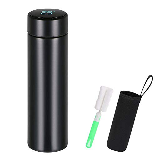 flintronic Thermosflasche, (500ml) Wasserflasche Vakuum Isolierbecher 304 Edelstahl mit Tassenbürste, LED Touchscreen Temperaturanzeige, Smart Becher Dichtflasche Ideal für Hitze und Kälte - Schwarz