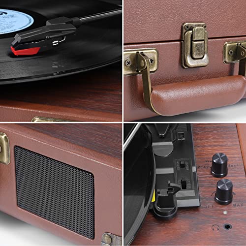 Plattenspieler , AETKFO Bluetooth Plattenspieler 3-Gang Vinyl Plattenspieler mit Lautsprecher, Unterstützung Aufnahme Vinyl, Cinch & USB Ausgang / AUX-In / Kopfhöreranschluss, Koffer Design (Braun) - 8