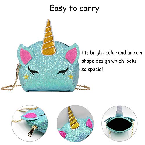 Umhängetasche Einhorn INTVN Geschenk für Mädchen Schultertasche,Mädchen Kindertasche,Cartoon Tasche,Umhängetasche Pailletten,Pailletten geldbörse (Blau) - 4