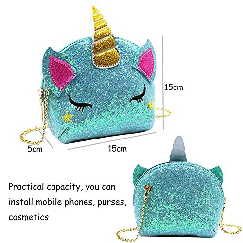 Umhängetasche Einhorn INTVN Geschenk für Mädchen Schultertasche,Mädchen Kindertasche,Cartoon Tasche,Umhängetasche Pailletten,Pailletten geldbörse (Blau) - 5