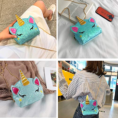 Umhängetasche Einhorn INTVN Geschenk für Mädchen Schultertasche,Mädchen Kindertasche,Cartoon Tasche,Umhängetasche Pailletten,Pailletten geldbörse (Blau) - 7