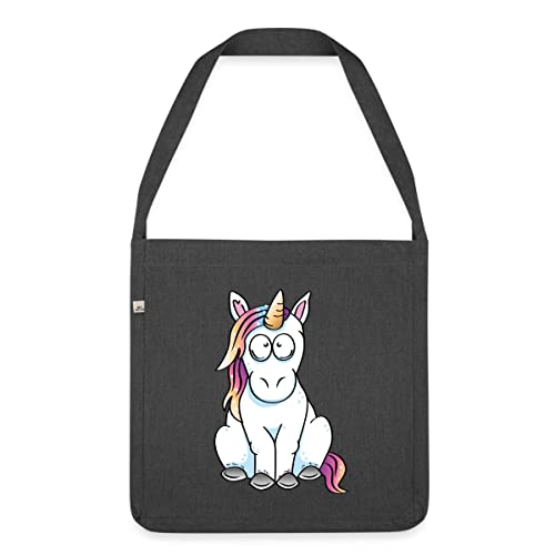 Spreadshirt Einhorn Mit Regenbogenmähne Wartet Schultertasche aus Recycling-Material, Schwarz meliert