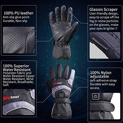 PROSmart Beheizte Handschuhe Elektrisch Beheizbare Handwärmer mit Akku für Frauen Männer Skifahren Snowboarden (Schwarz+Grau, L) - 5