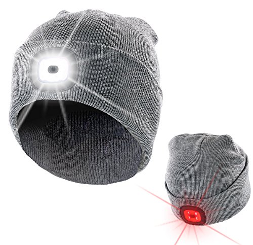 Lunartec Kopflampe: Graue Strickmütze mit weißen (vorne) & roten (hinten) LEDs (Mütze mit Lampe)