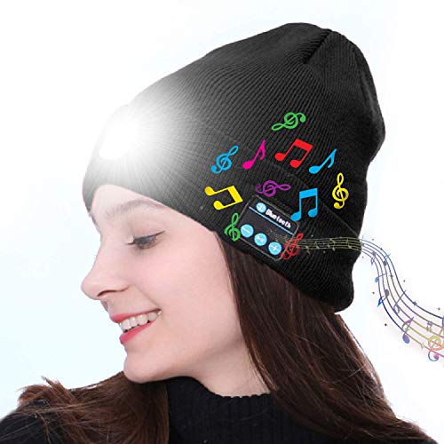 DreiWasser LED beleuchtete Bluetooth Beanie Mütze, Kappe mit 5 LEDs Lichtern für Skifahren, Wandern, Camping, Radfahren, Joggen, Laufen