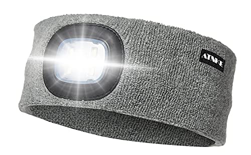 ATNKE LED beleuchtetes Stirnband, wiederaufladbarer USB-Laufhut 4 LED-Lampe mit wasserdichtem Licht und Blinkender Alarmscheinwerfer Hohe Stretch Multi-Color/Grau