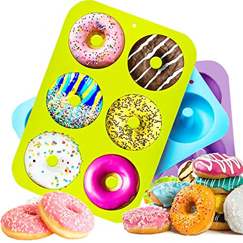 HOUSEGAGA Silikonform Doughnut Silikon Backform Donut Formen-3 Stück Mini Antihaft Donut Silikon Backformen 6er Hohlraum-Safe Backblech für Fondant Donut Muffins, 26,5x18x3,5cm (Blau&Grün&Violett)