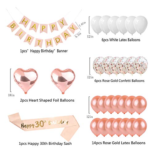 PEIPONG 30. Geburtstag Dekoration für Mädchen, Rose Gold Ballons Geburtstagsfeier Dekoration, Happy Birthday Banner, 30 Jahre Alte Rose Gold Geburtstags Dekoration - 2