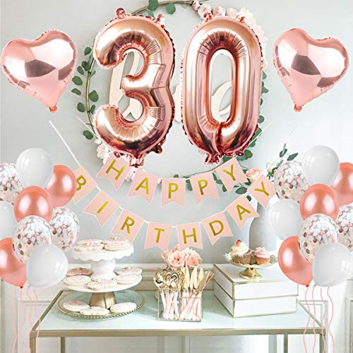 PEIPONG 30. Geburtstag Dekoration für Mädchen, Rose Gold Ballons Geburtstagsfeier Dekoration, Happy Birthday Banner, 30 Jahre Alte Rose Gold Geburtstags Dekoration - 5