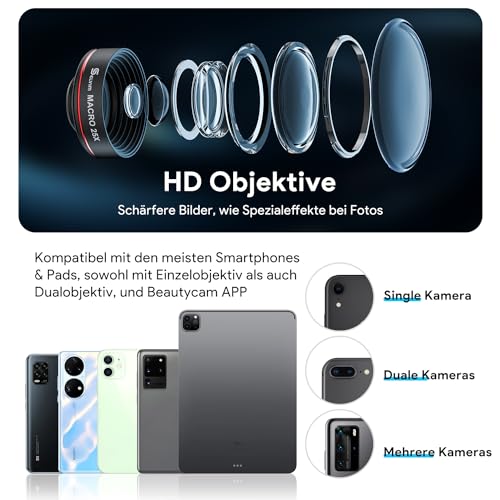 Handy Objektiv Linse Kit, Lens Set 22X Teleobjektiv, 25X Makro Objektiv, 0,62X Weitwinkel, 235° Fischaugenobjektiv für IOS iPhone und meisten Android Smartphone - 4