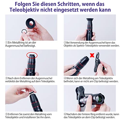 Handy Objektiv Linse Kit, Lens Set 22X Teleobjektiv, 25X Makro Objektiv, 0,62X Weitwinkel, 235° Fischaugenobjektiv für IOS iPhone und meisten Android Smartphone - 7