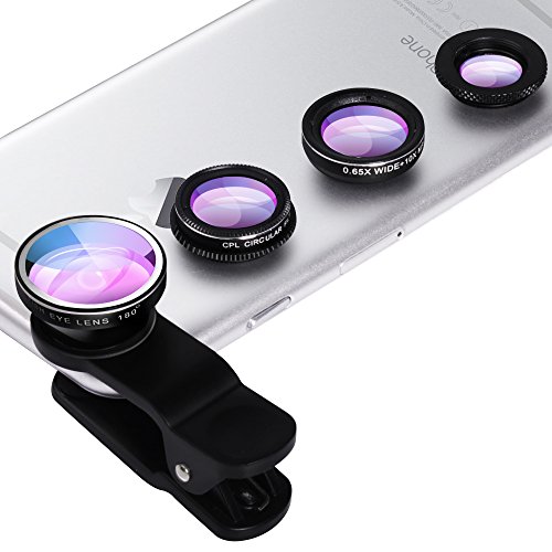 4 in 1 Handy Objektiv, Universal Smartphone Linsen Objektiv Kamera Lense mit CPL Objektiv-Klage Makro Weitwinkel Objektiv Fischauge Linse Clip-on für iPhone Samsung Huawei HTC LG iPad und Anderes