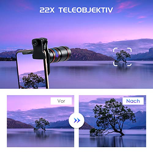 crenova Handy Objektiv Kamera Linse 10 in 1 Kit 22x Zoom Teleobjektiv, 235° Fischaugenobjektiv, 25 Makro-Objektiv und 0,62 Weitwinkelobjektiv - 6