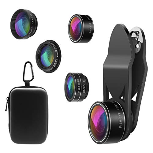 【2020】ORIA 5 in 1 Clip-On Handy Objektiv Kit, Professionel CPL Zirkular Polarisiert Len + 2X Teleobjektiv + 0.63X Weitwinkelobjektiv + 15X Makro Objektiv + 198°Fisheye Objektiv für Smartphones